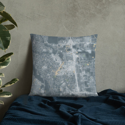 Custom The Woodlands Texas Map Throw Pillow in Afternoon on Bedding Against Wall