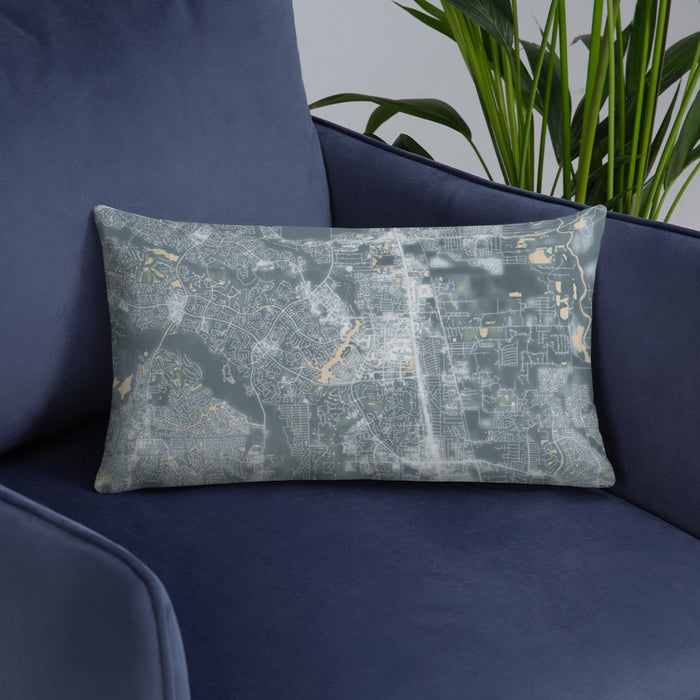 Custom The Woodlands Texas Map Throw Pillow in Afternoon on Blue Colored Chair