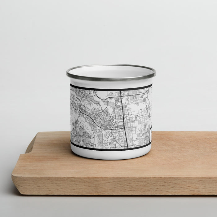 Front View Custom The Woodlands Texas Map Enamel Mug in Classic on Cutting Board