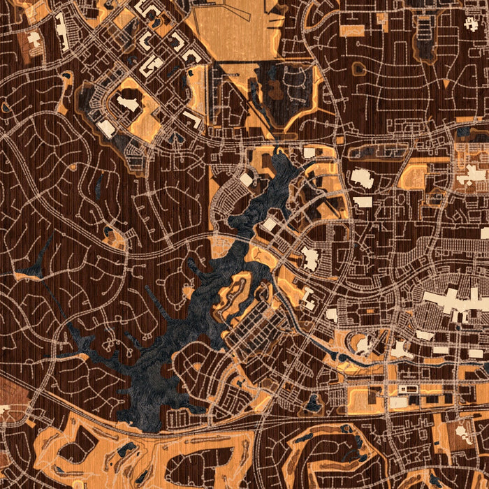 The Woodlands Texas Map Print in Ember Style Zoomed In Close Up Showing Details