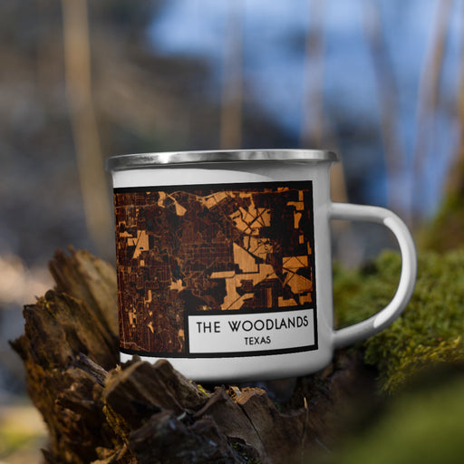 Right View Custom The Woodlands Texas Map Enamel Mug in Ember on Grass With Trees in Background