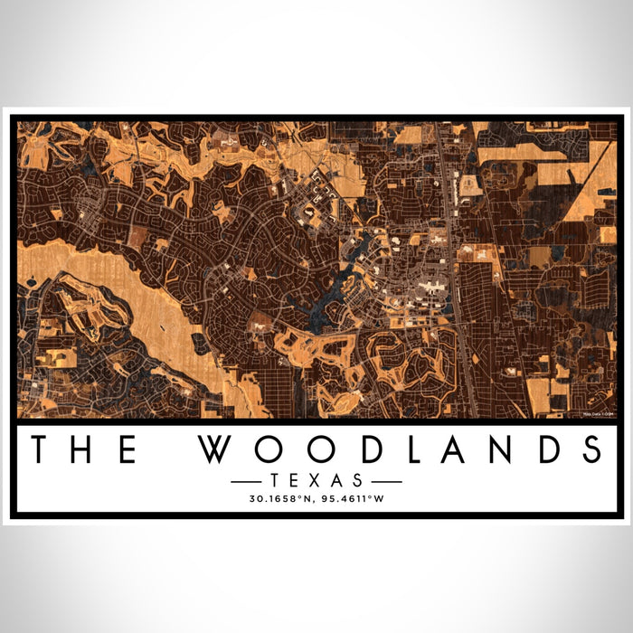 The Woodlands Texas Map Print Landscape Orientation in Ember Style With Shaded Background