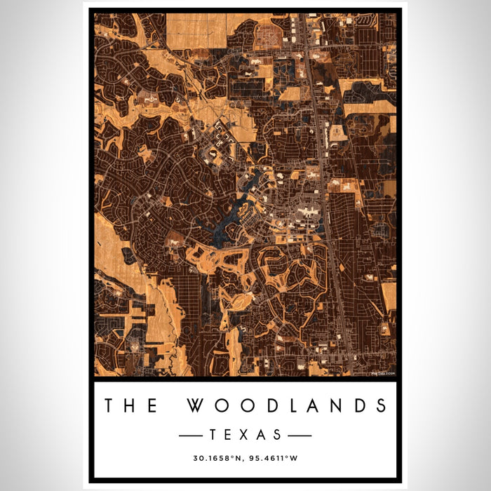 The Woodlands Texas Map Print Portrait Orientation in Ember Style With Shaded Background