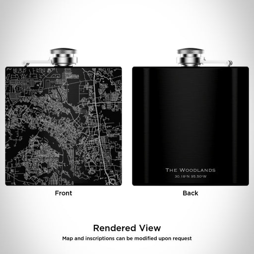 Rendered View of The Woodlands Texas Map Engraving on 6oz Stainless Steel Flask in Black