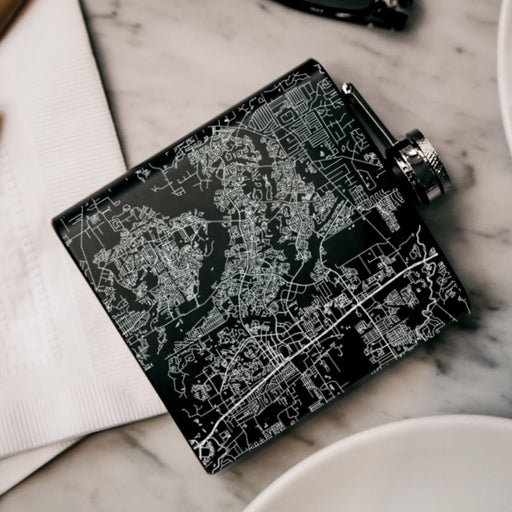 The Woodlands Texas Custom Engraved City Map Inscription Coordinates on 6oz Stainless Steel Flask in Black