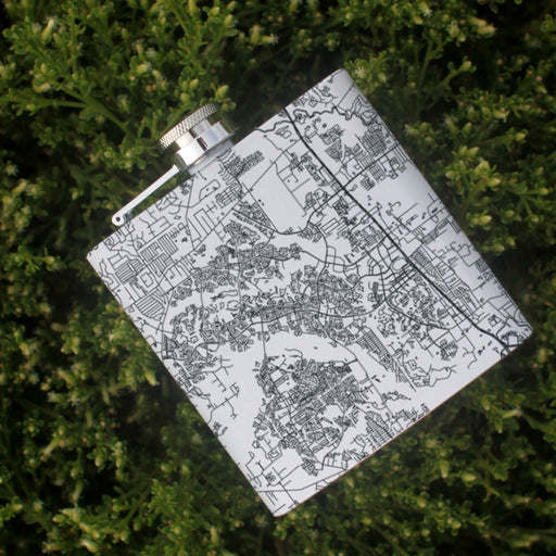 The Woodlands Texas Custom Engraved City Map Inscription Coordinates on 6oz Stainless Steel Flask in White