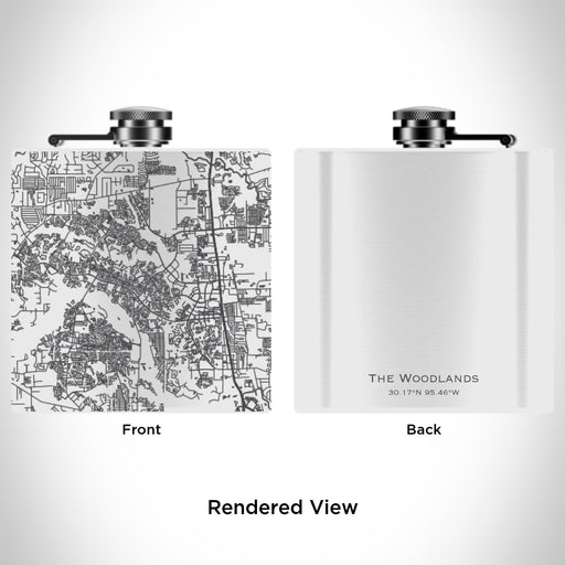 Rendered View of The Woodlands Texas Map Engraving on 6oz Stainless Steel Flask in White