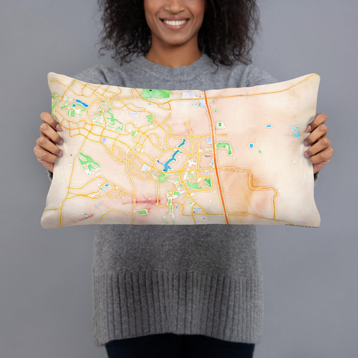 Person holding 20x12 Custom The Woodlands Texas Map Throw Pillow in Watercolor
