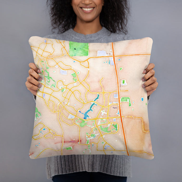 Person holding 18x18 Custom The Woodlands Texas Map Throw Pillow in Watercolor