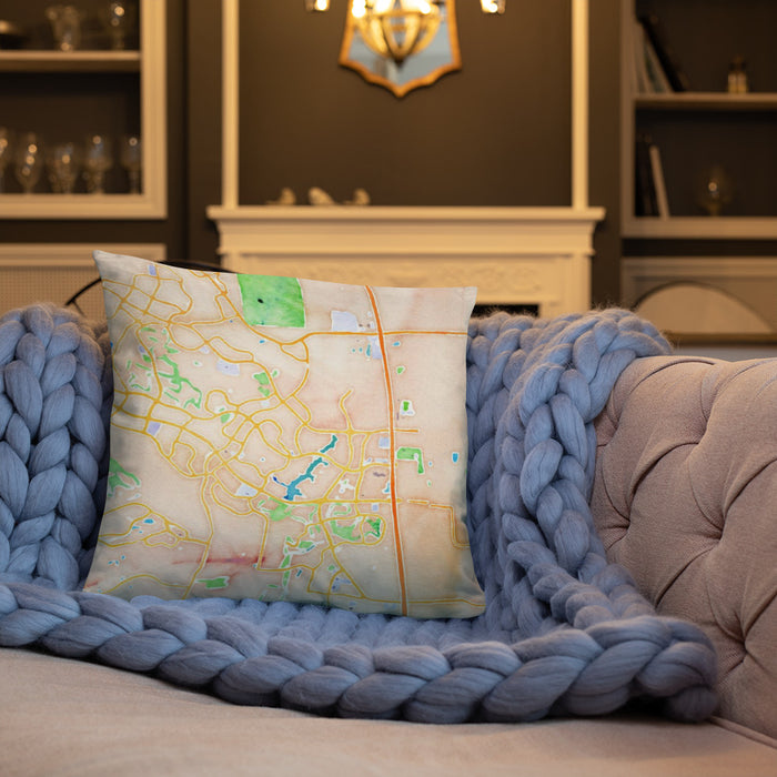 Custom The Woodlands Texas Map Throw Pillow in Watercolor on Cream Colored Couch