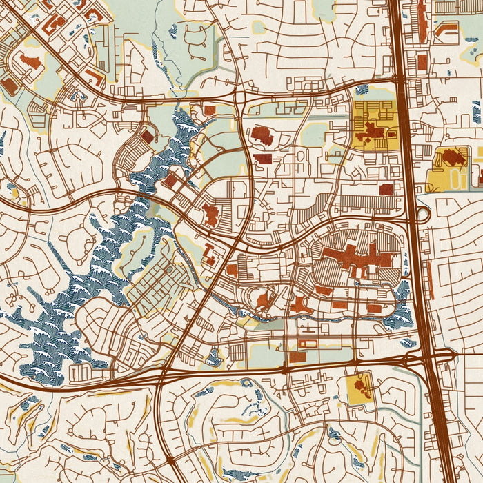 The Woodlands Texas Map Print in Woodblock Style Zoomed In Close Up Showing Details