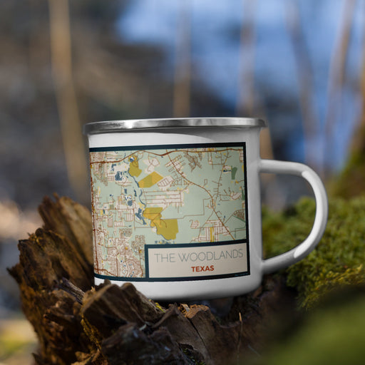 Right View Custom The Woodlands Texas Map Enamel Mug in Woodblock on Grass With Trees in Background