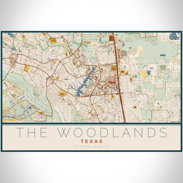 The Woodlands Texas Map Print Landscape Orientation in Woodblock Style With Shaded Background