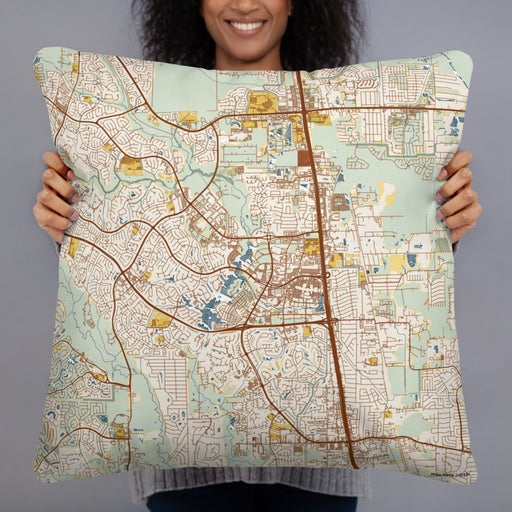 Person holding 22x22 Custom The Woodlands Texas Map Throw Pillow in Woodblock