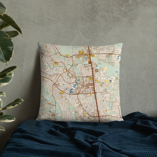 Custom The Woodlands Texas Map Throw Pillow in Woodblock on Bedding Against Wall