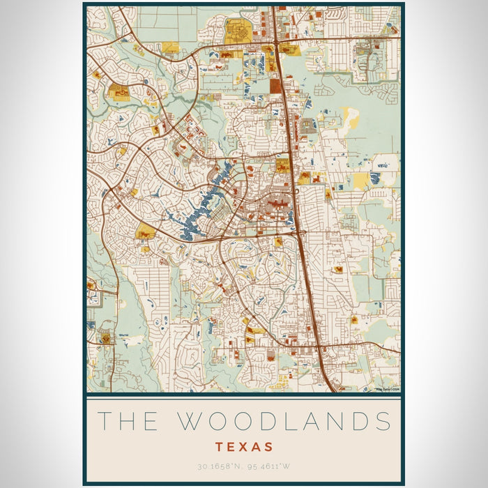 The Woodlands Texas Map Print Portrait Orientation in Woodblock Style With Shaded Background