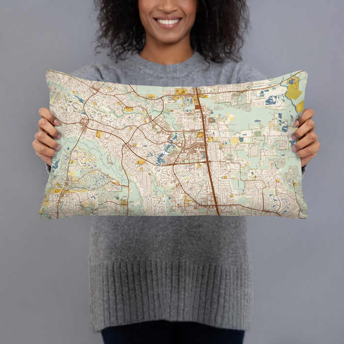 Person holding 20x12 Custom The Woodlands Texas Map Throw Pillow in Woodblock