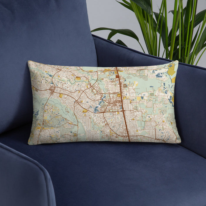 Custom The Woodlands Texas Map Throw Pillow in Woodblock on Blue Colored Chair