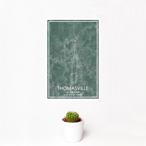 12x18 Thomasville Alabama Map Print Portrait Orientation in Afternoon Style With Small Cactus Plant in White Planter