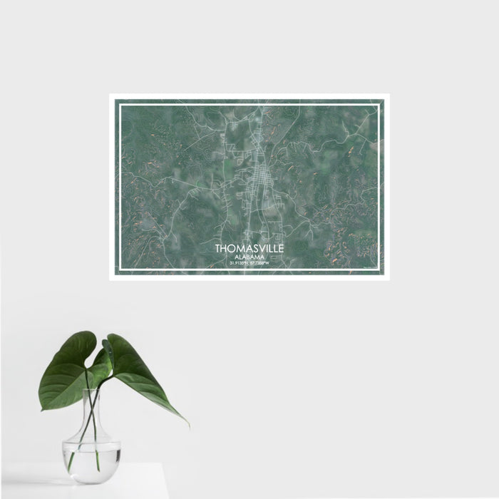 16x24 Thomasville Alabama Map Print Landscape Orientation in Afternoon Style With Tropical Plant Leaves in Water