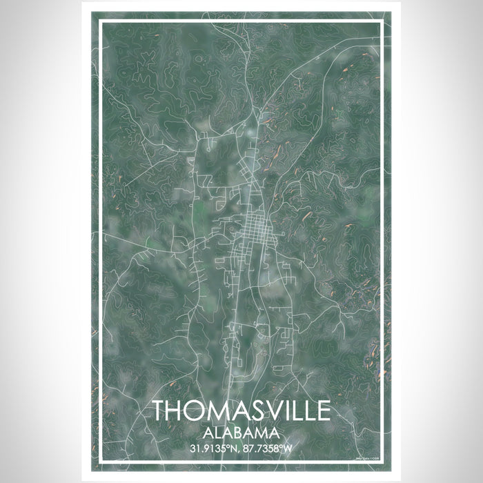 Thomasville Alabama Map Print Portrait Orientation in Afternoon Style With Shaded Background