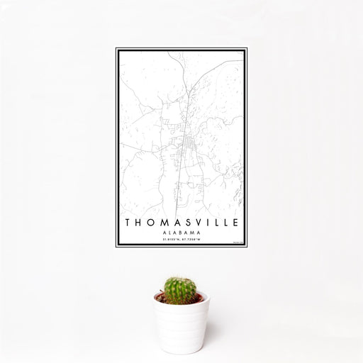 12x18 Thomasville Alabama Map Print Portrait Orientation in Classic Style With Small Cactus Plant in White Planter