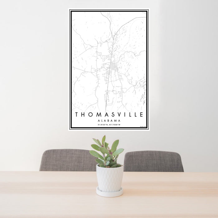 24x36 Thomasville Alabama Map Print Portrait Orientation in Classic Style Behind 2 Chairs Table and Potted Plant
