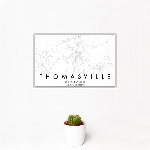 12x18 Thomasville Alabama Map Print Landscape Orientation in Classic Style With Small Cactus Plant in White Planter