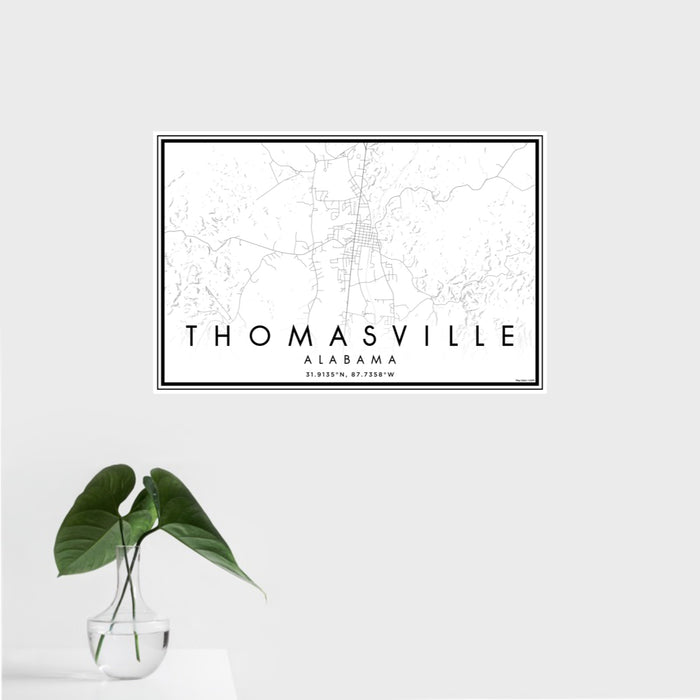 16x24 Thomasville Alabama Map Print Landscape Orientation in Classic Style With Tropical Plant Leaves in Water