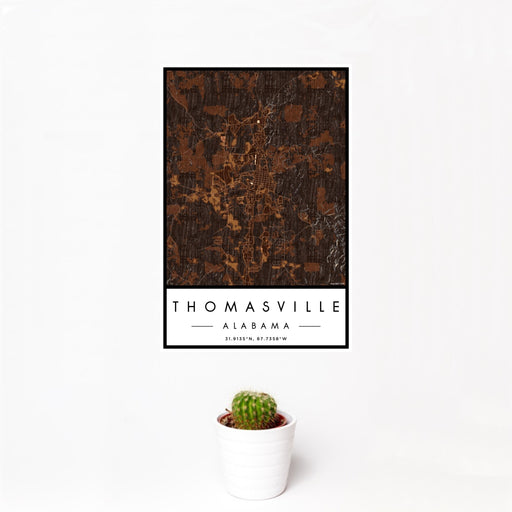 12x18 Thomasville Alabama Map Print Portrait Orientation in Ember Style With Small Cactus Plant in White Planter