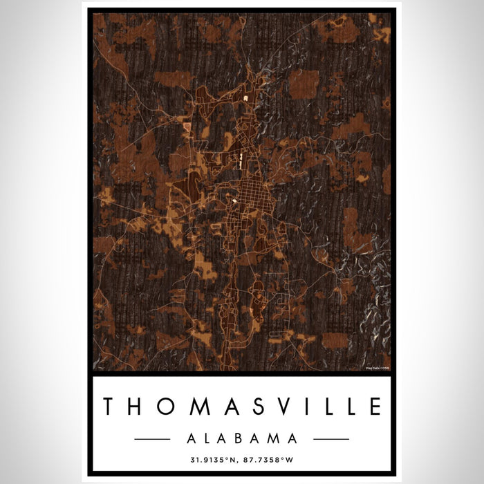 Thomasville Alabama Map Print Portrait Orientation in Ember Style With Shaded Background