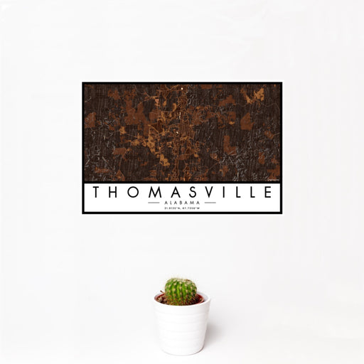 12x18 Thomasville Alabama Map Print Landscape Orientation in Ember Style With Small Cactus Plant in White Planter
