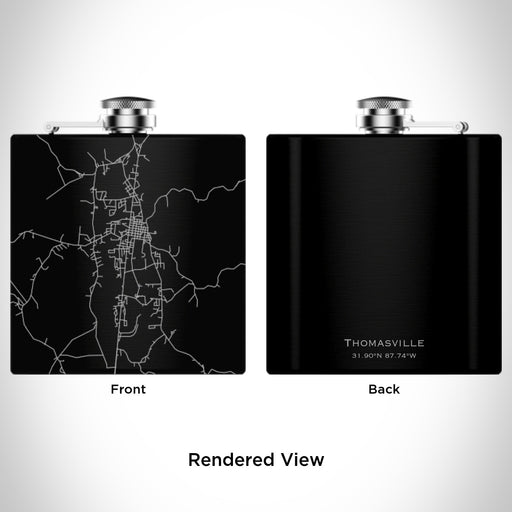 Rendered View of Thomasville Alabama Map Engraving on 6oz Stainless Steel Flask in Black