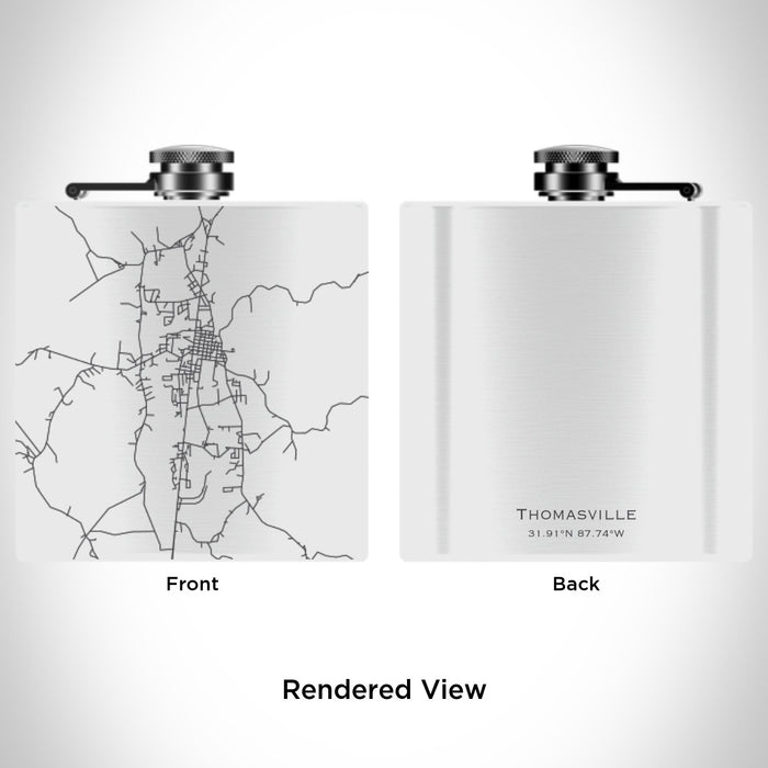 Rendered View of Thomasville Alabama Map Engraving on 6oz Stainless Steel Flask in White