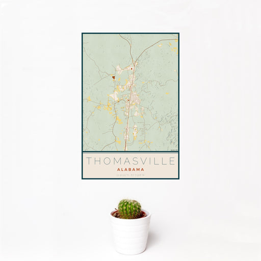 12x18 Thomasville Alabama Map Print Portrait Orientation in Woodblock Style With Small Cactus Plant in White Planter