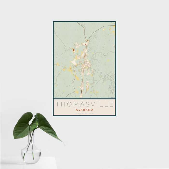 16x24 Thomasville Alabama Map Print Portrait Orientation in Woodblock Style With Tropical Plant Leaves in Water