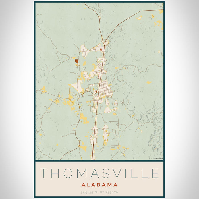Thomasville Alabama Map Print Portrait Orientation in Woodblock Style With Shaded Background