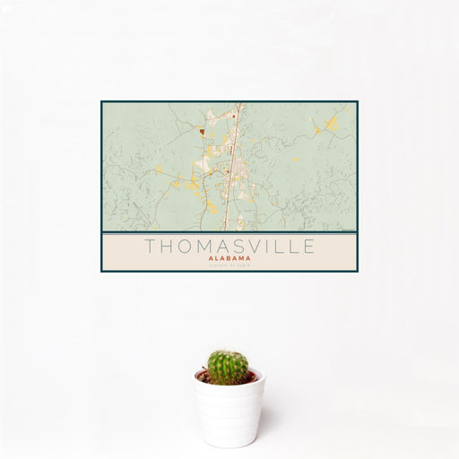12x18 Thomasville Alabama Map Print Landscape Orientation in Woodblock Style With Small Cactus Plant in White Planter