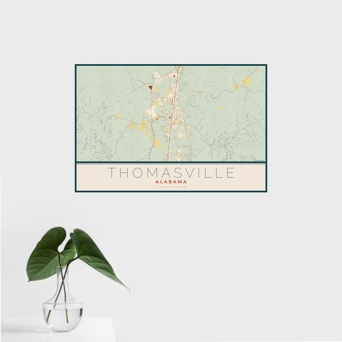 16x24 Thomasville Alabama Map Print Landscape Orientation in Woodblock Style With Tropical Plant Leaves in Water