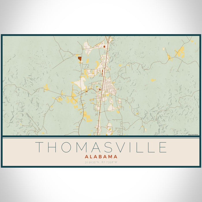 Thomasville Alabama Map Print Landscape Orientation in Woodblock Style With Shaded Background