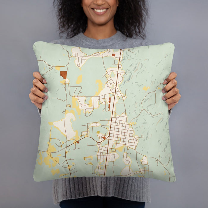 Person holding 18x18 Custom Thomasville Alabama Map Throw Pillow in Woodblock