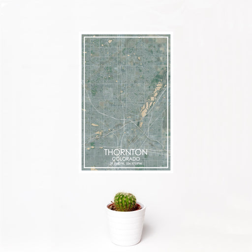 12x18 Thornton Colorado Map Print Portrait Orientation in Afternoon Style With Small Cactus Plant in White Planter