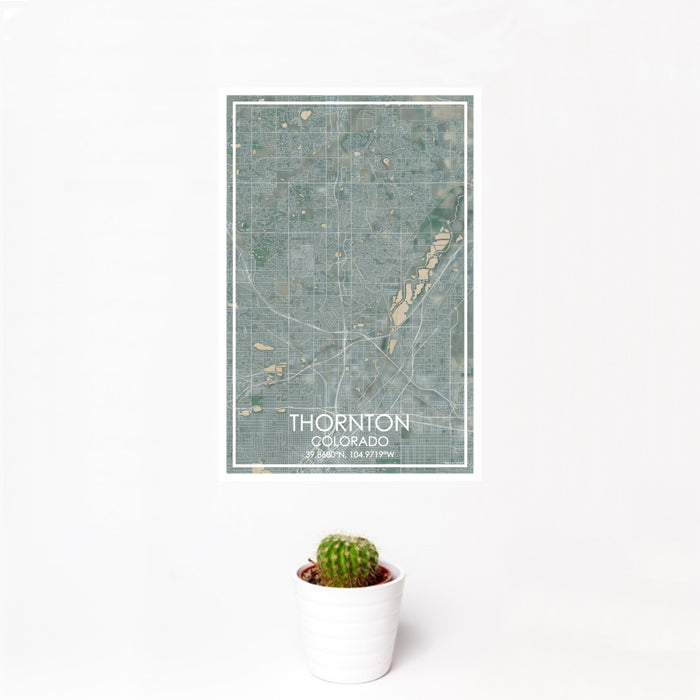 12x18 Thornton Colorado Map Print Portrait Orientation in Afternoon Style With Small Cactus Plant in White Planter