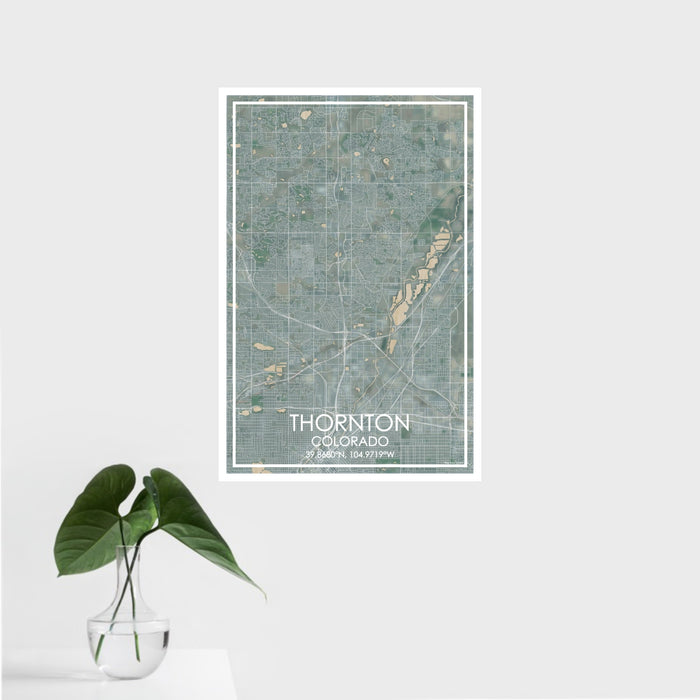 16x24 Thornton Colorado Map Print Portrait Orientation in Afternoon Style With Tropical Plant Leaves in Water