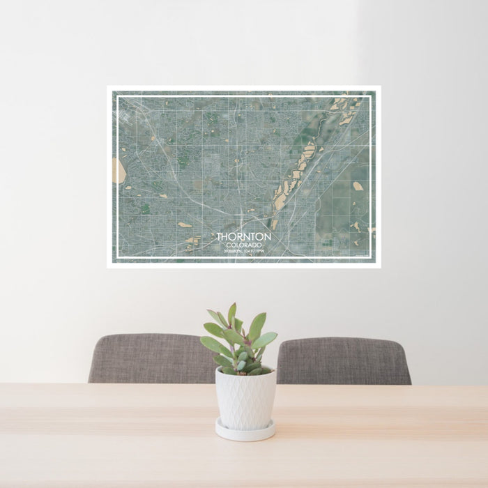 24x36 Thornton Colorado Map Print Lanscape Orientation in Afternoon Style Behind 2 Chairs Table and Potted Plant