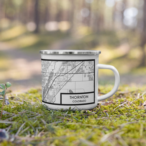Right View Custom Thornton Colorado Map Enamel Mug in Classic on Grass With Trees in Background