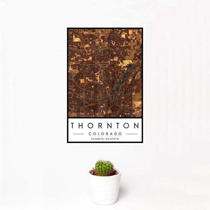 12x18 Thornton Colorado Map Print Portrait Orientation in Ember Style With Small Cactus Plant in White Planter