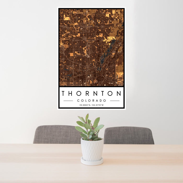 24x36 Thornton Colorado Map Print Portrait Orientation in Ember Style Behind 2 Chairs Table and Potted Plant