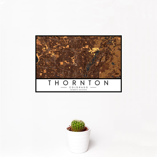 12x18 Thornton Colorado Map Print Landscape Orientation in Ember Style With Small Cactus Plant in White Planter