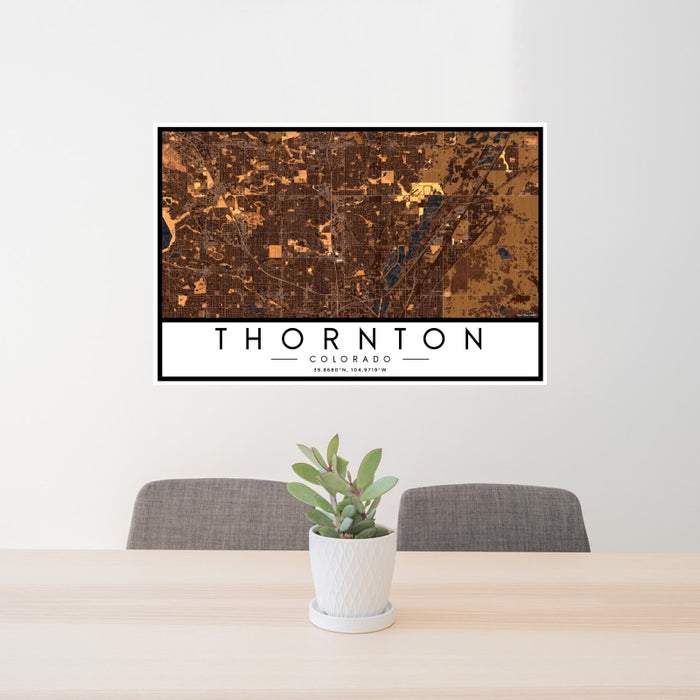 24x36 Thornton Colorado Map Print Landscape Orientation in Ember Style Behind 2 Chairs Table and Potted Plant